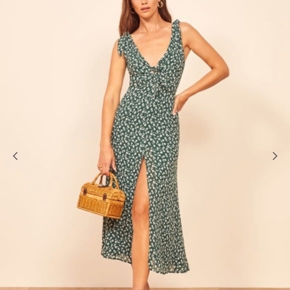 Reformation Women's Harper Whimsical Fairy Floral Forest Green Midi Dress. SZ 2 - Picture 1 of 11